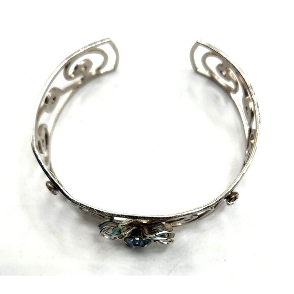Open Work Silver Tone White Enamel Aqua Crystal Rhinestone Cuff Bracelet - Picture 5 of 6